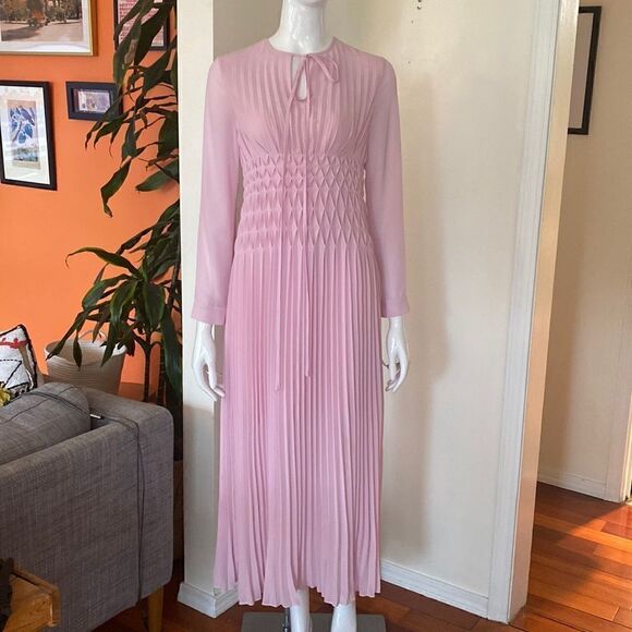 Maje Pink Pleated Geometric Chiffon Midi Dress Size 1 - Picture 4 of 16